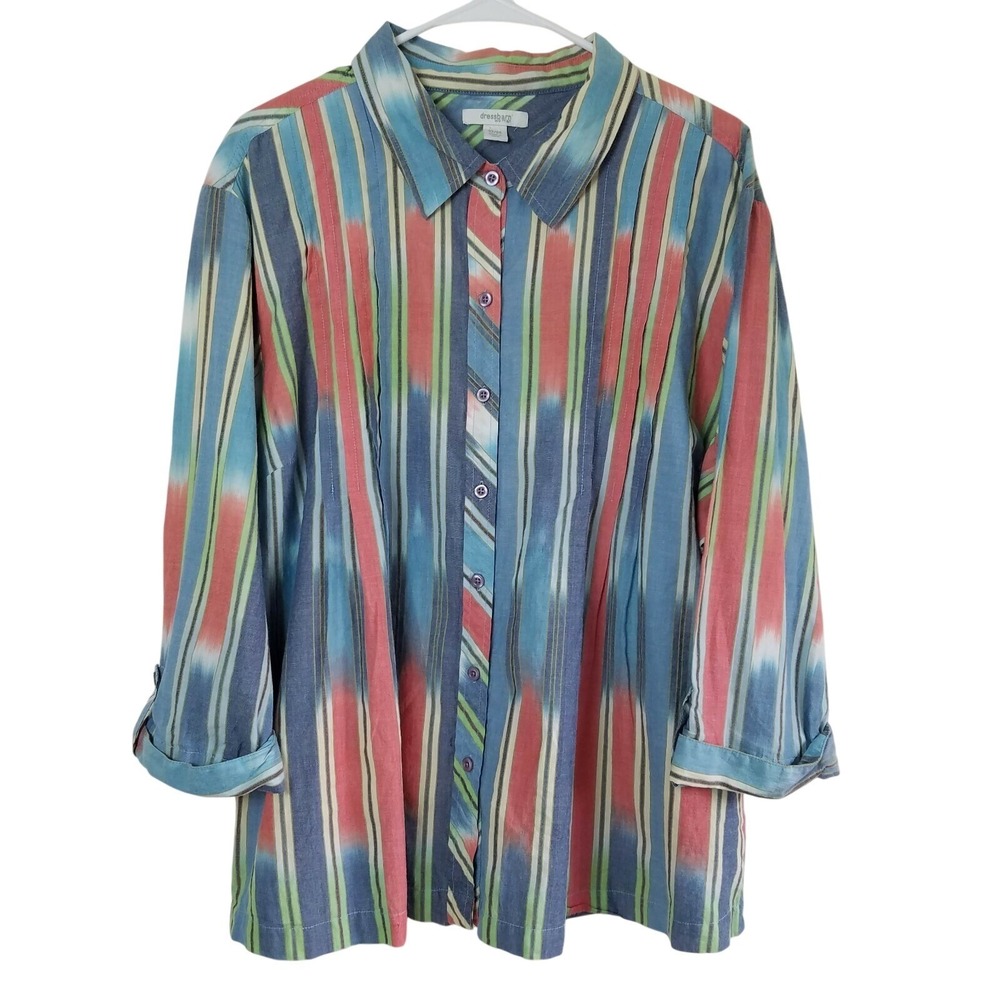 Dressbarn Multicolor Ikat Stripe Pintuck Button Shirt 22/24 Boho Coastal 2X Plus